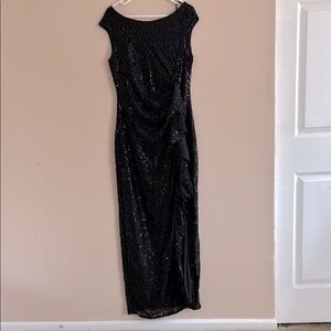 MARINA Black Sequin Maxi Gown Bateau Neckline